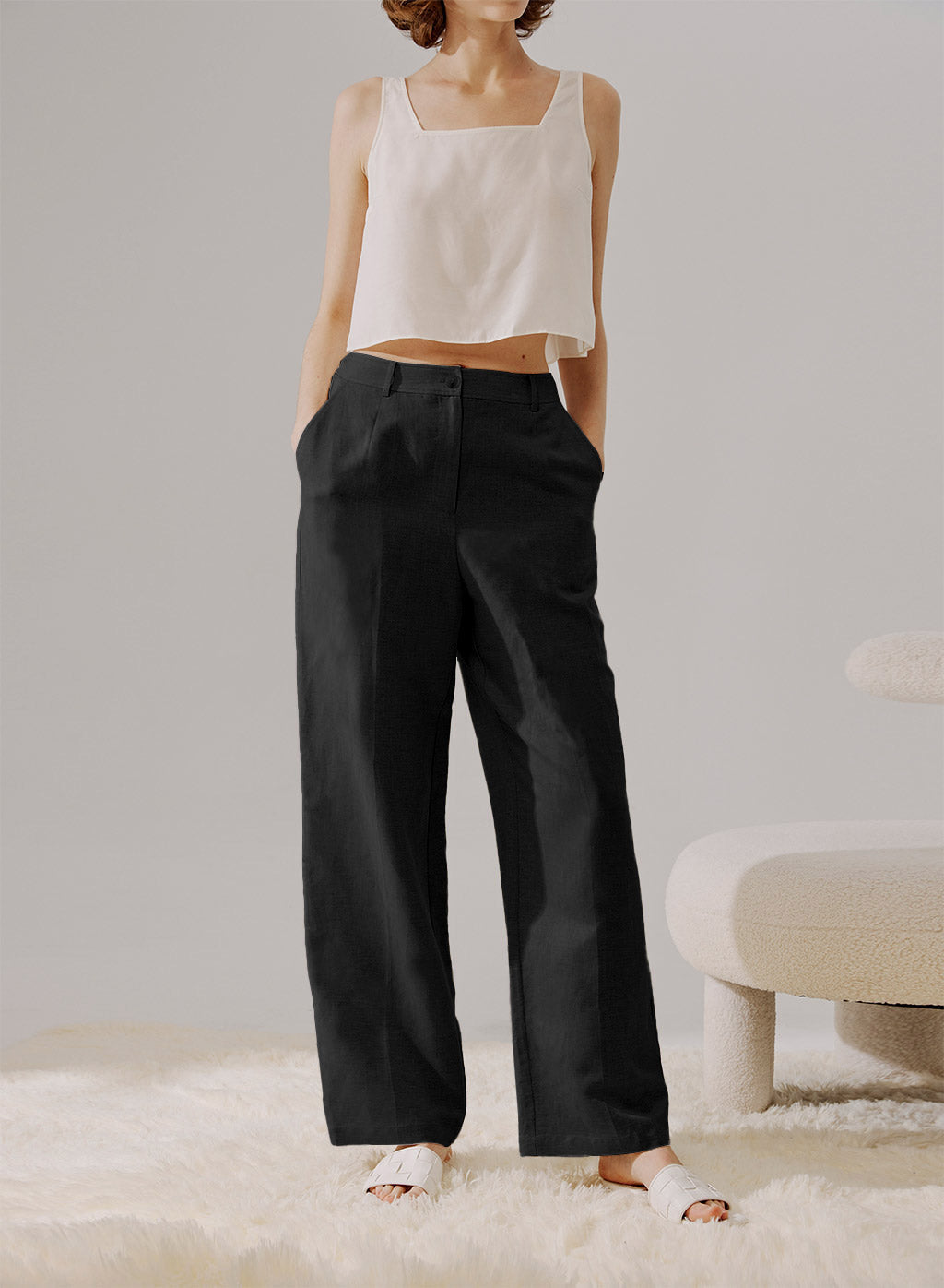 Wide-Cut Linen Pants - Black, M image