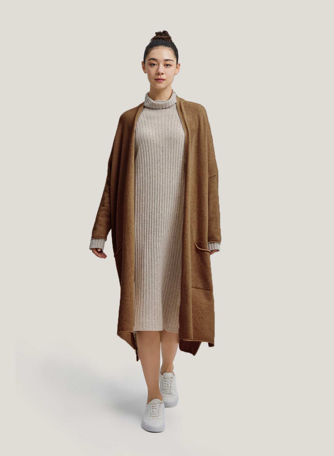 Slouchy Pure Yak Wool Long Cardigan - Brown, XL image