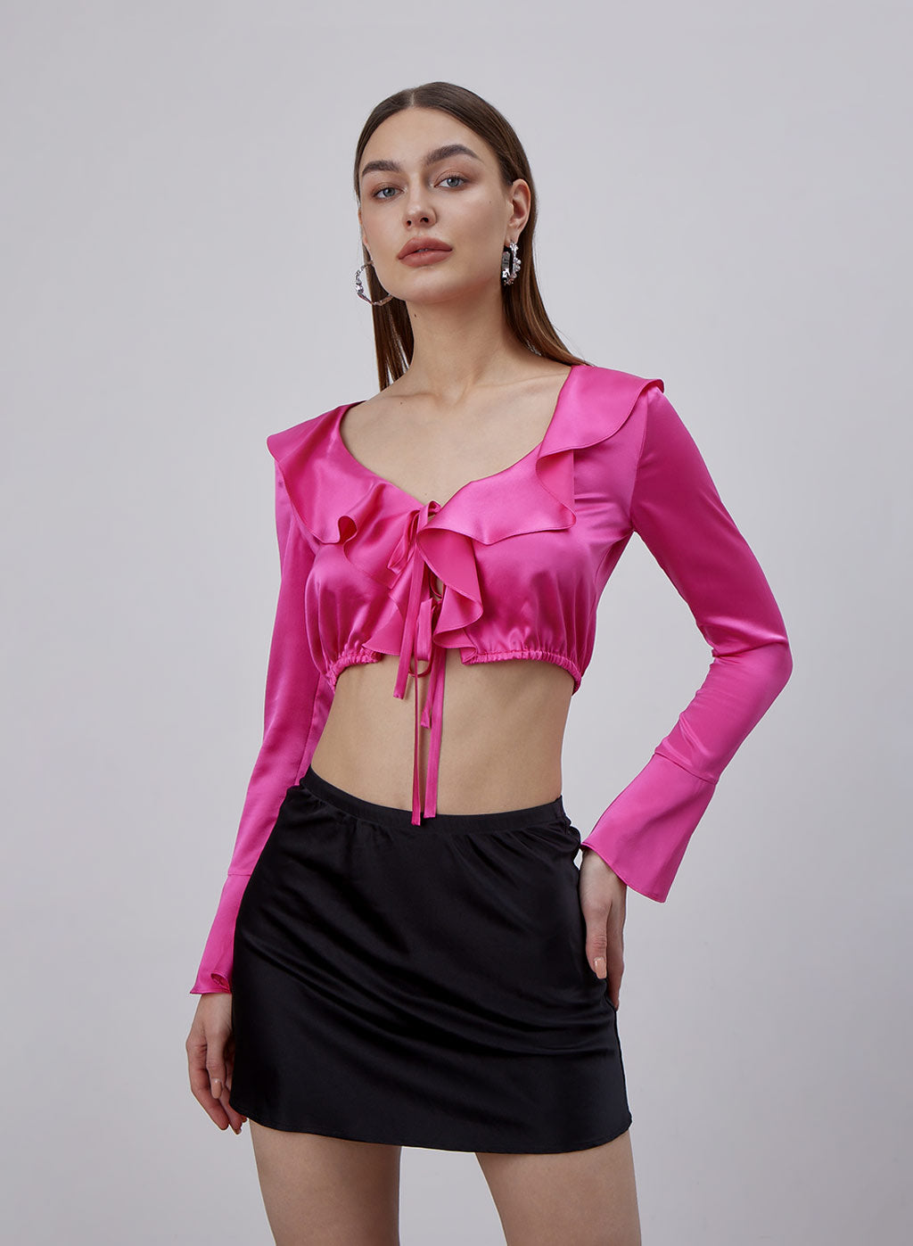 Long Sleeve Ruffled Silk Crop Top image 0