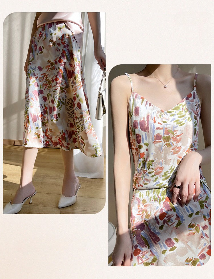 Silk satin 2026 spring and summer women's skirt temperament printing French umbrella skirt loose high waist over the knee A-shaped skirt