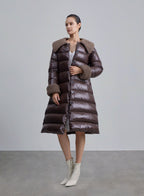 Fleece Collar Quilted Down Coat - Chocolate, S image