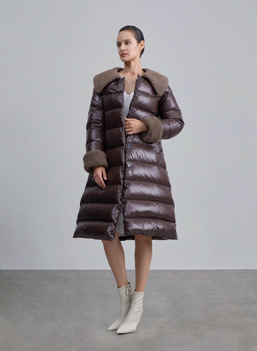 Fleece Collar Quilted Down Coat - Chocolate, S image