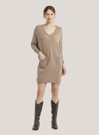 Loose V-Neck Pure Wool Dress - Oatmeal, L image