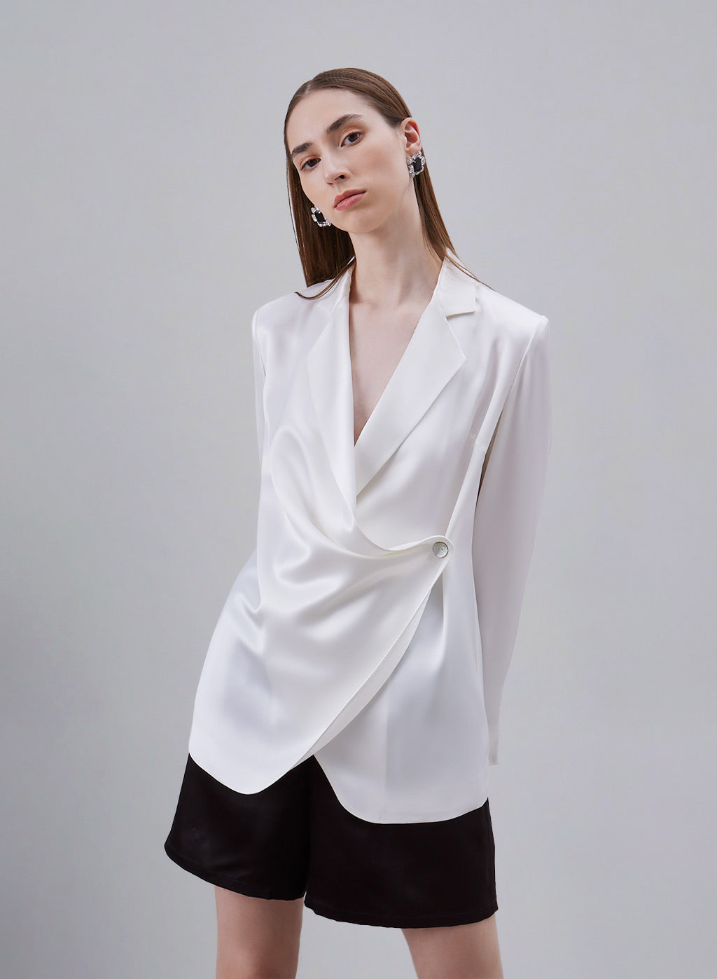 Surplice Neckline Satin Blazer - Pearl White, S image