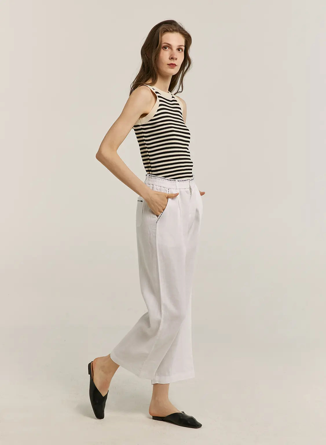100% Linen Contrast Line Wide-Leg Pants image 1