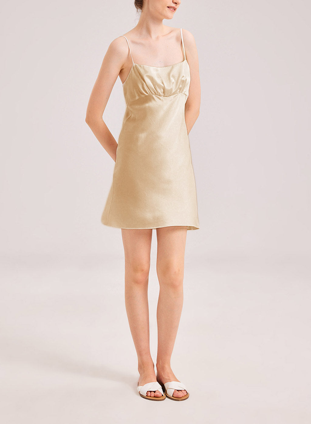 Silk Satin Ruched Slip Dress - Champagne, L image