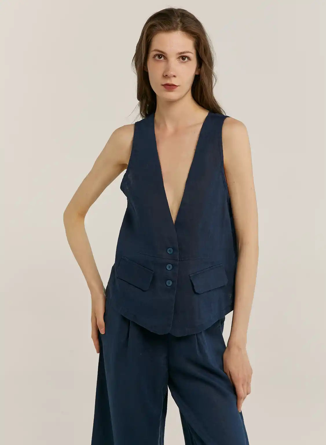 100% Linen Deep V-neck Buttoned Vest - Seabed Blue, OS image