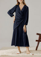 Long Gathered Shirt Dress - Dark Blue, S image