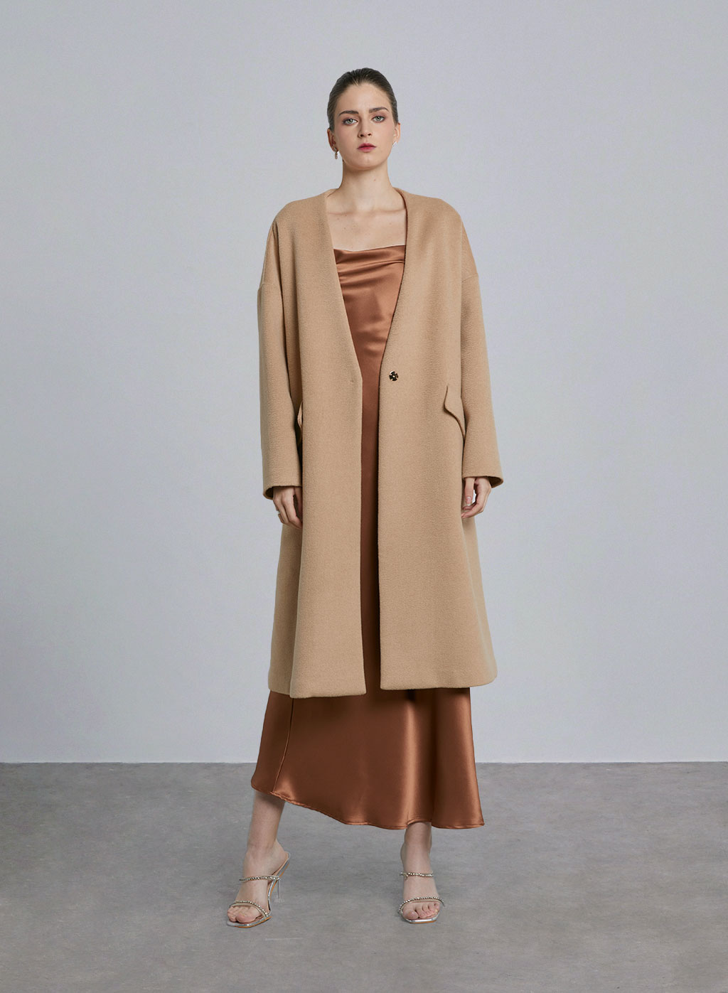 Camel V-neck Long Coat - Pastel Yellow, S image