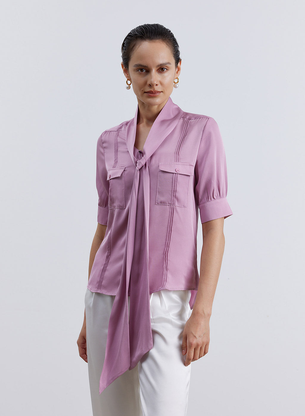 Pussy-bow Collar Draped Silk Blouse image 0