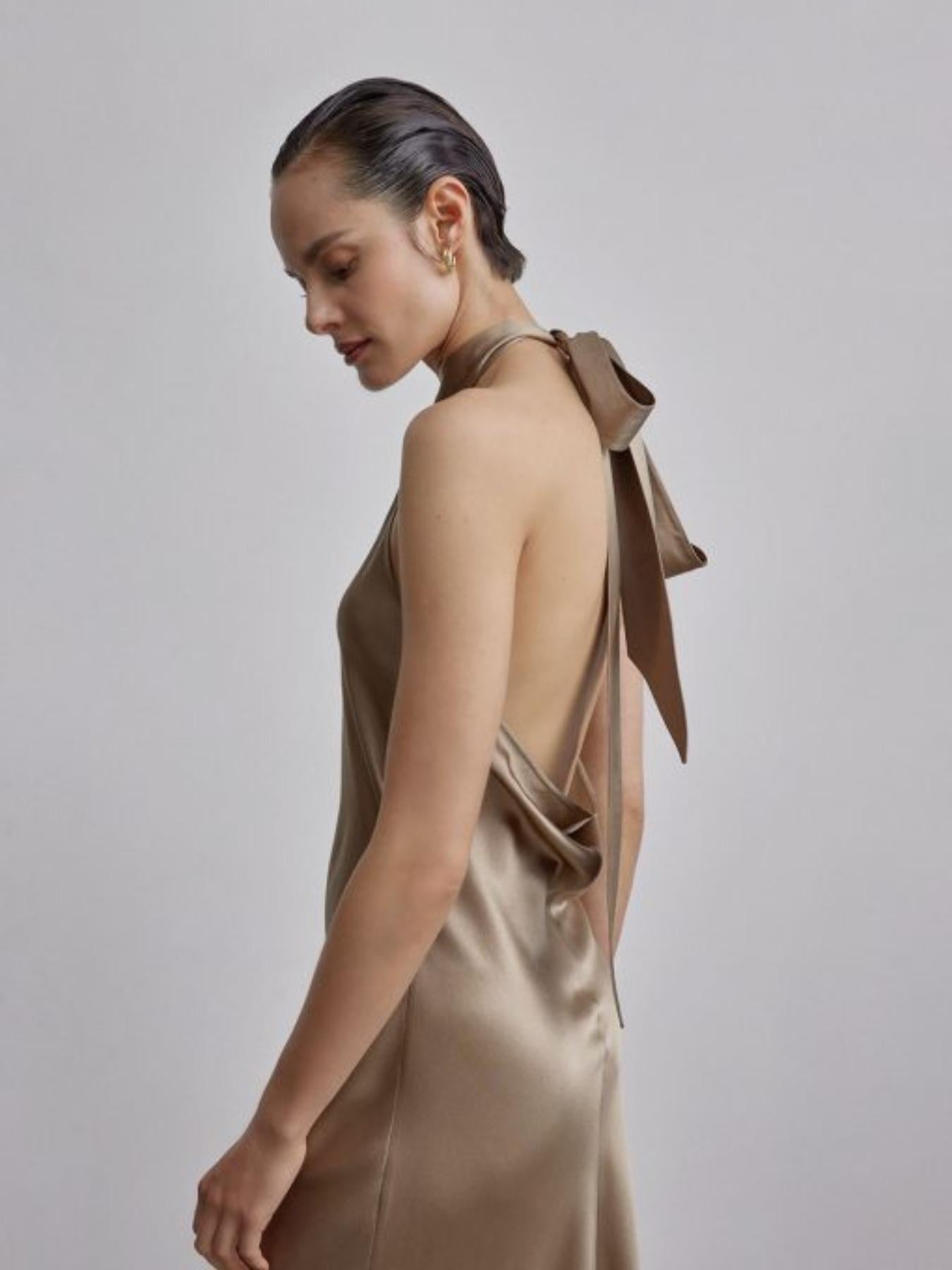 French Bow Halterneck Silk Maxi Dress