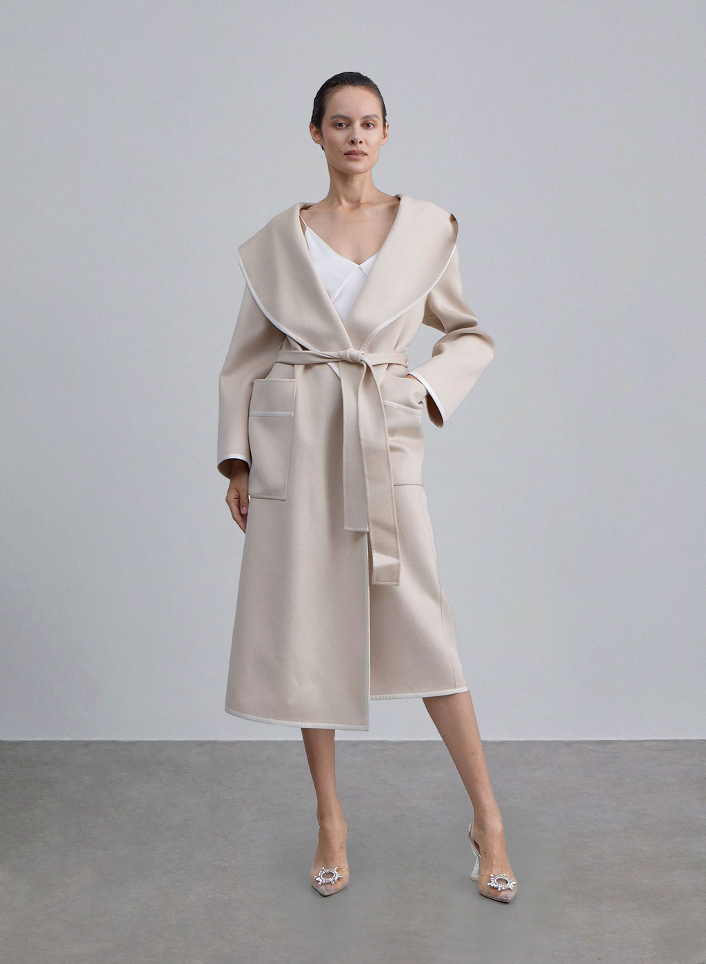 Leather Trim Belted Wool Coat - Cream, S image