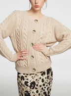 Crewneck Buttoned Cable-knit Cardigan - Cream, L image