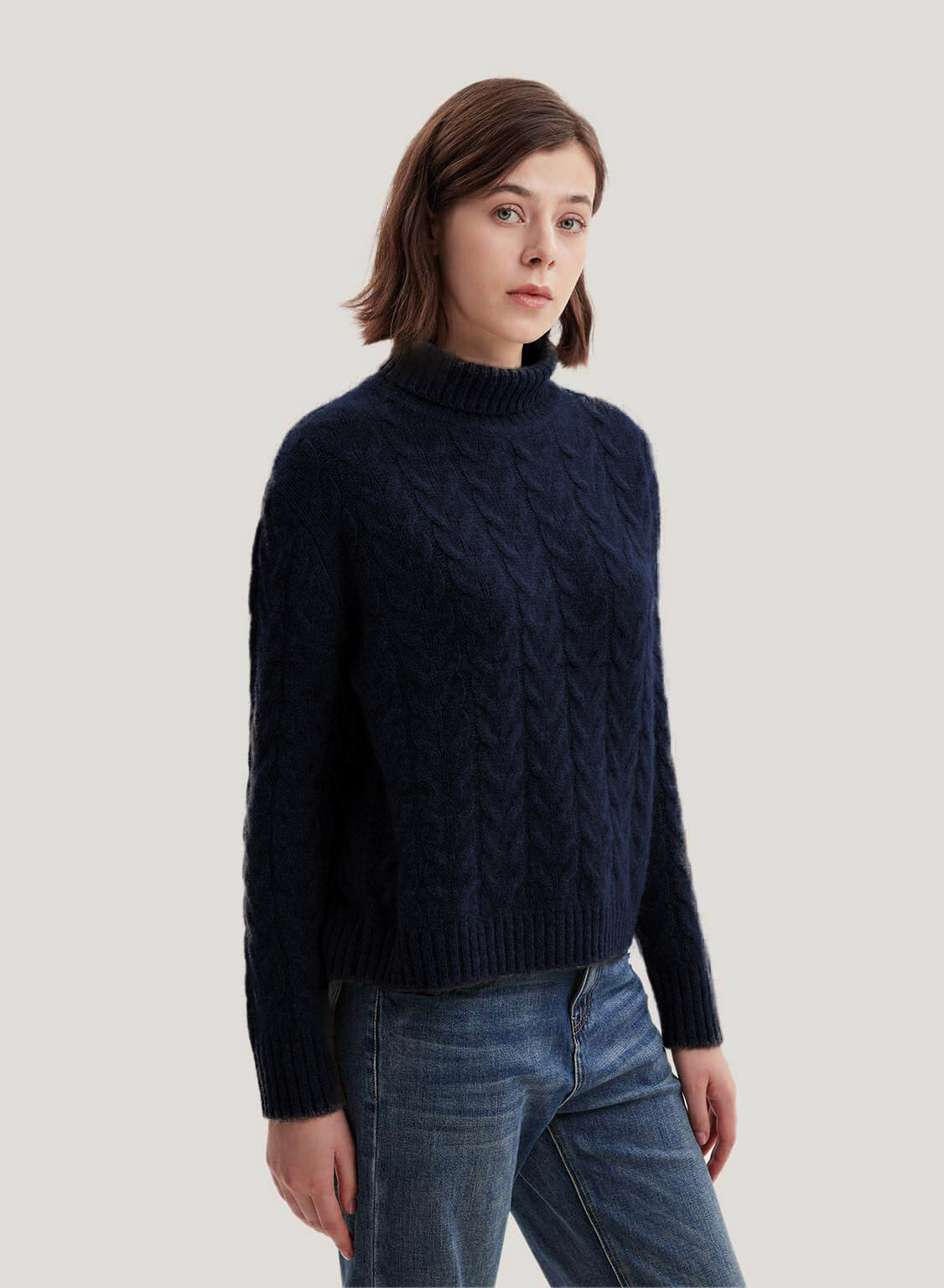 Roll-Neck Cable-Knit Wool-Cashmere Sweater - Navy, XS image