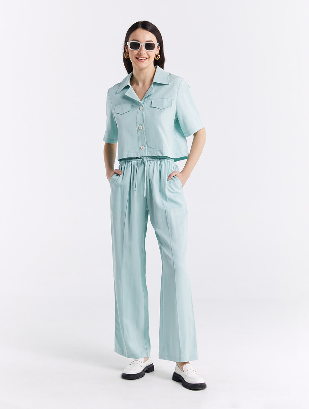 Linen Blend Shirt &amp; Pants Set - Baby Blue, S image