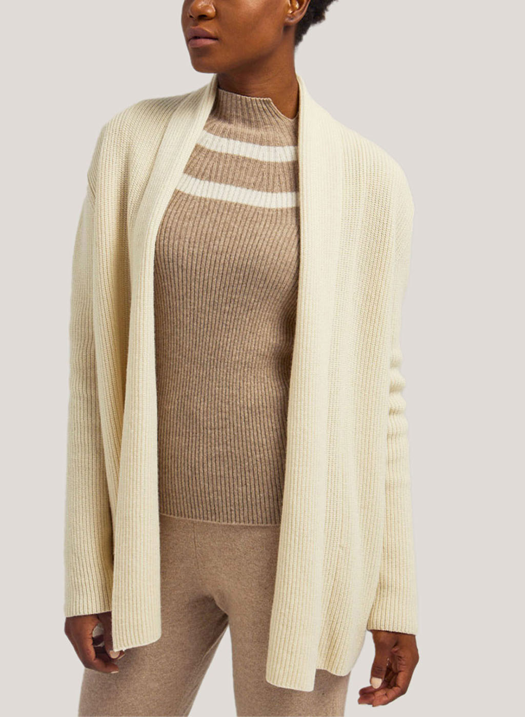 Wool-Cashmere Cardigan With Ribbed Shawl Collar - Ivory, S image