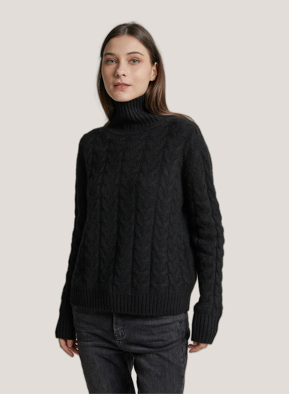 Roll-Neck Cable-Knit Wool-Cashmere Sweater - Black, XL image