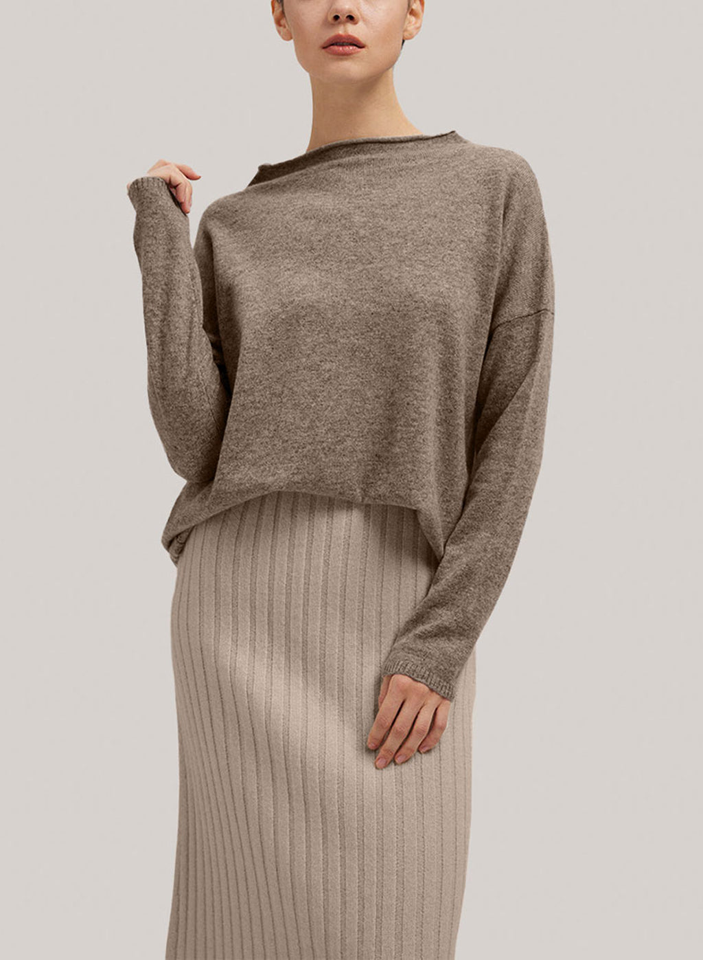 Funnel-Neck Pure Wool Sweater - Pale Taupe, L image