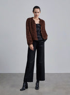 Glossy Puff Sleeve Cropped Cardigan - Brunette, S image