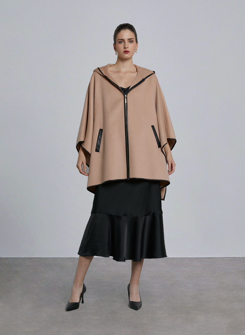 Zipped Batwing Wool Cape - Powder Pink, M image