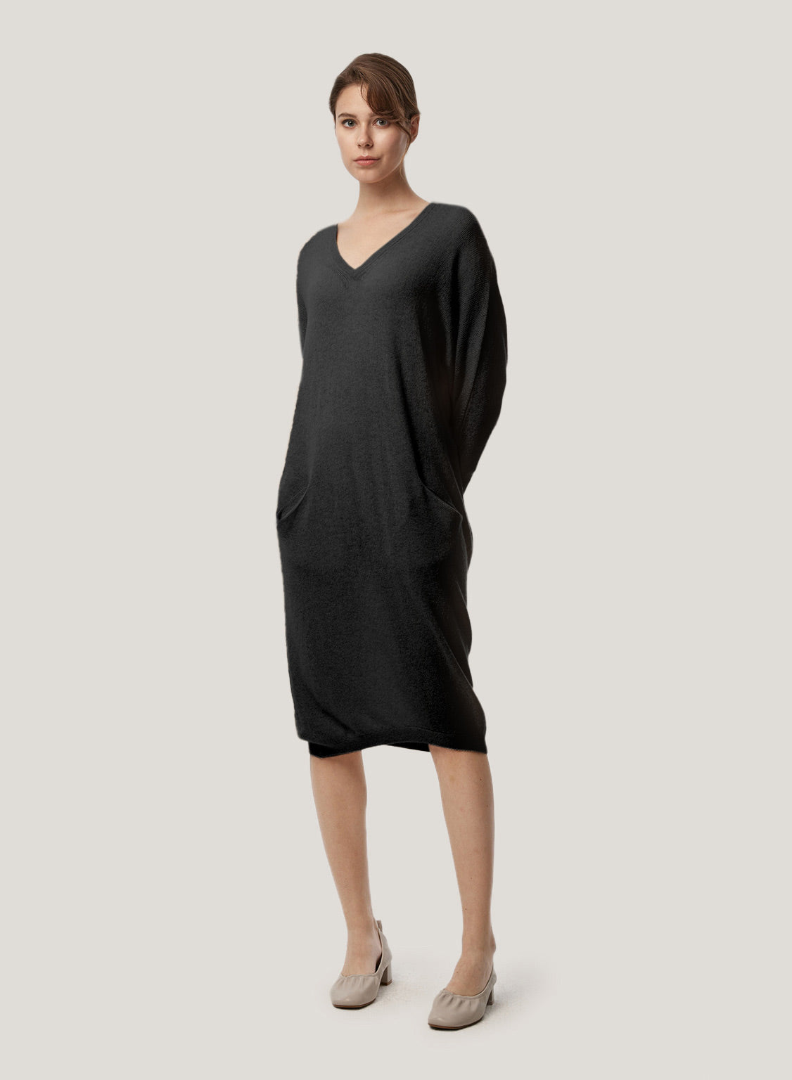 Loose V-Neck Pure Wool Dress - Black, XS image