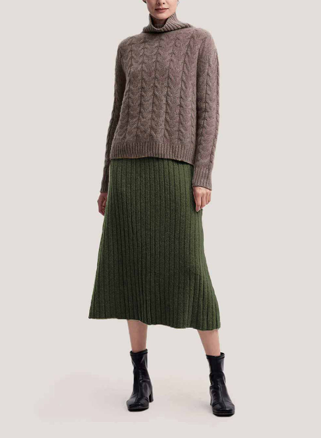 Rib-Knit Pure Wool Long Skirt - Olive, S image