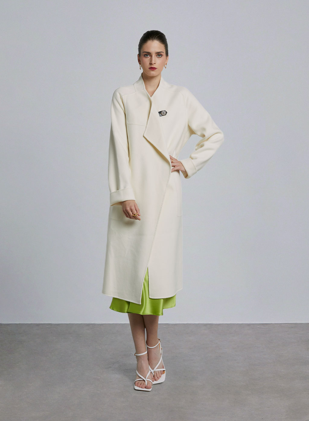 Merino Wool Designed Collar Long Coat - Ecru White, S image
