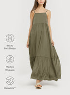 Backless Spaghetti Strap Dress - Olive Yellow, S image