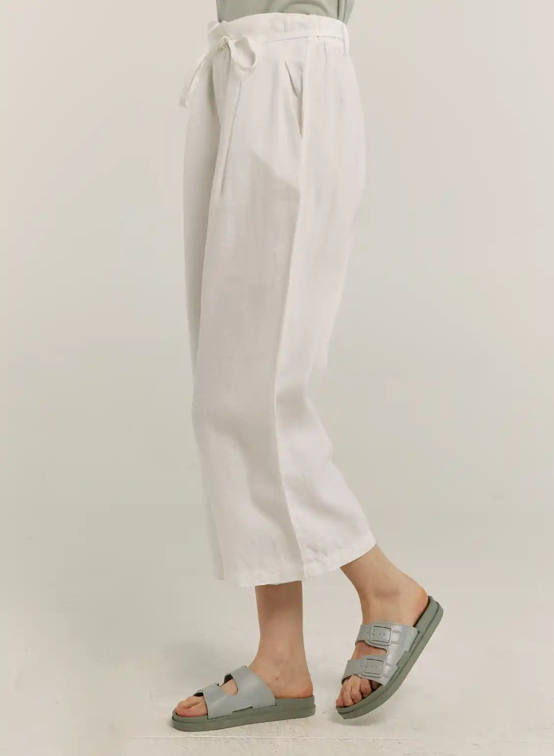 100% Linen Cropped Drawstring-Detail Wide Pants image 1