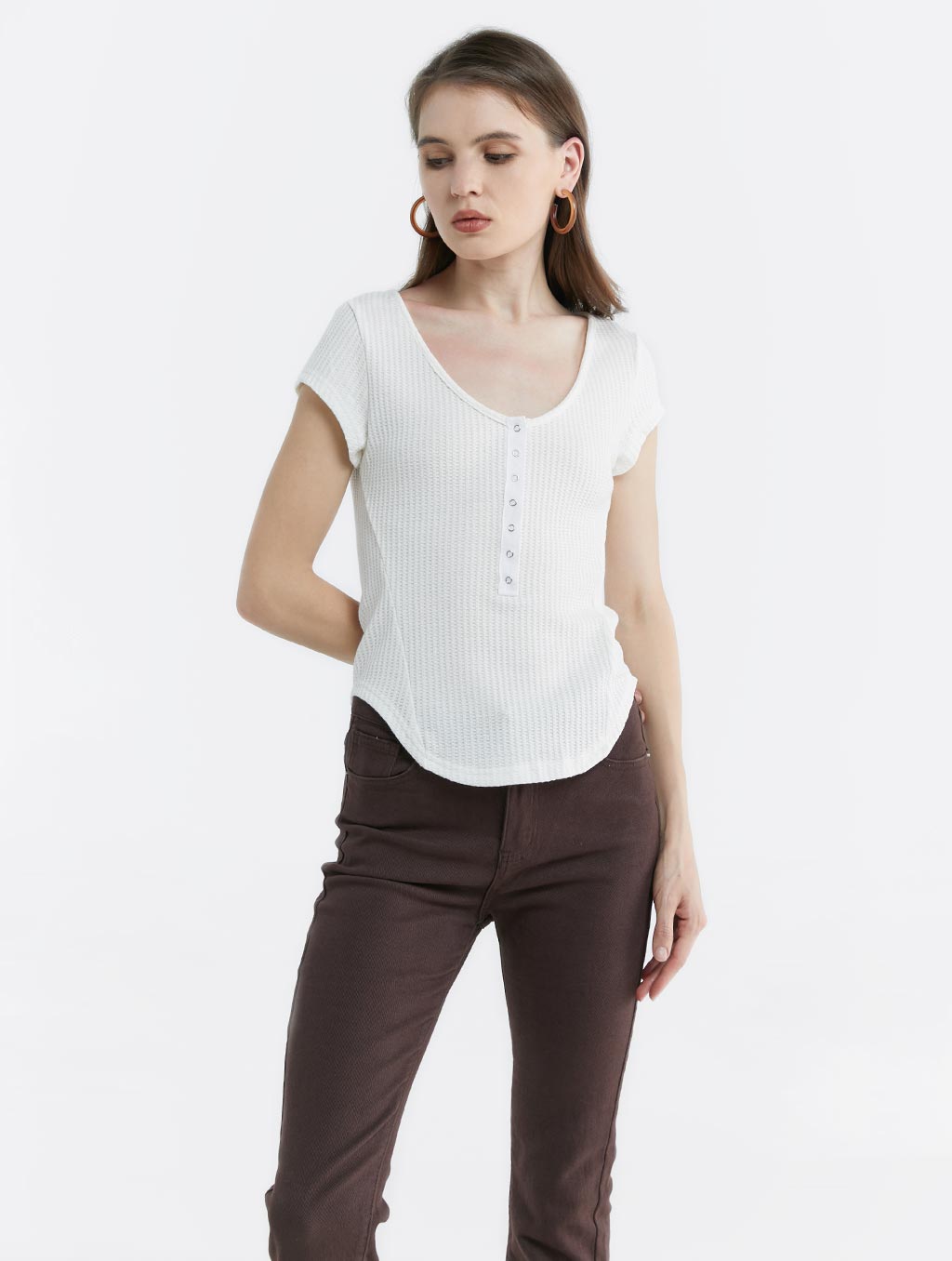 Waffle Buttoned Front T-shirt - White, S image