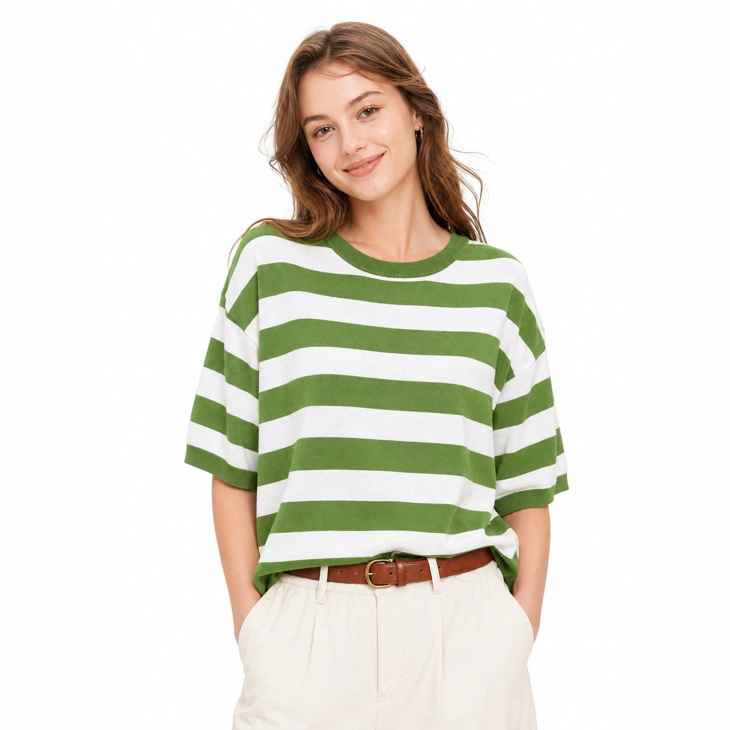 Crew neck striped short-sleeved knitted sweater