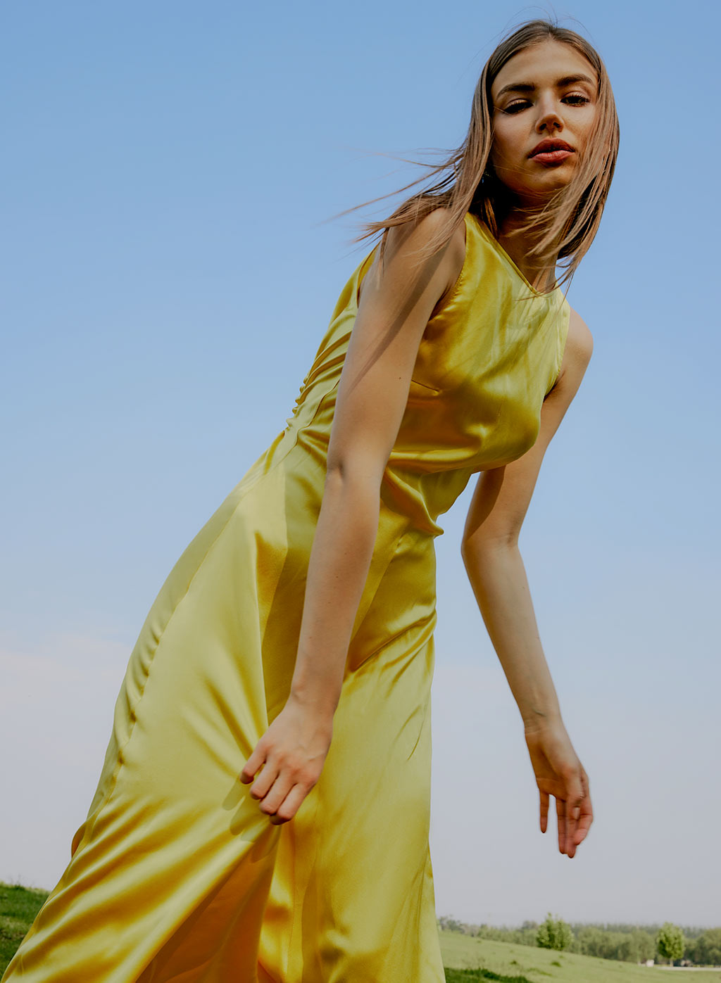Back Loop Drawstring Silk Dress - Bright Yellow, S image