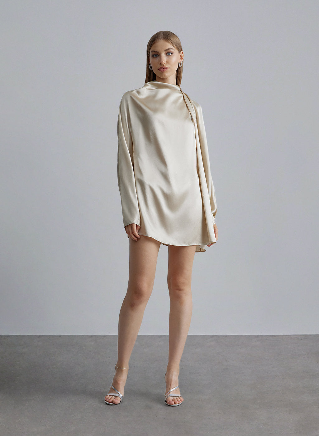 Turtleneck Pleated Silk Dress - Beige, S image