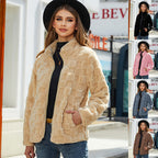 Stand-up Collar Plush Jacket Winter Long-sleeved Loose Zipper Cardigan Fashion Solid Color Checkerboard Design Coat Women Outwear image 0