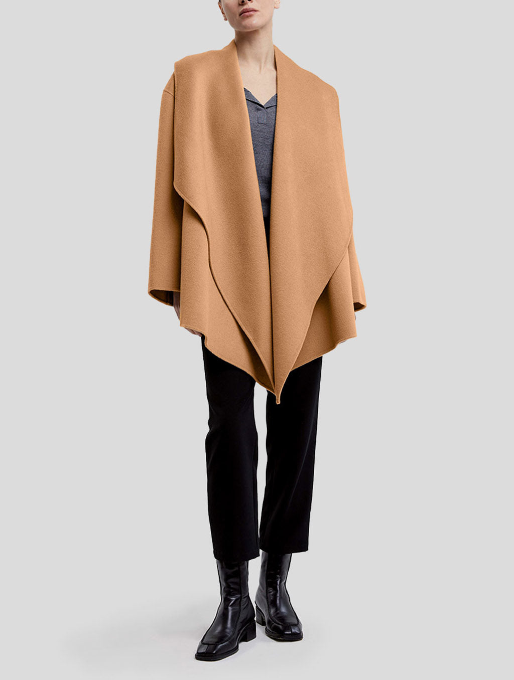 Draped Short Cashmere Coat - Camel, L image