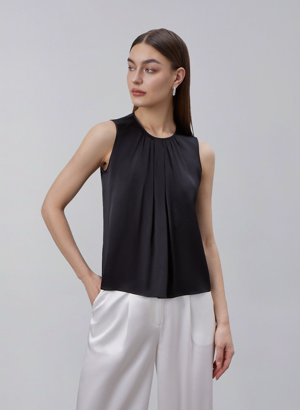 Chic Gathered Neckline Sleeveless Silk Top image 0