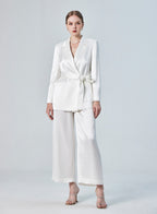 Belted Doube-Breasted Satin Blazer &amp; Pants Set - Pearl White, M image