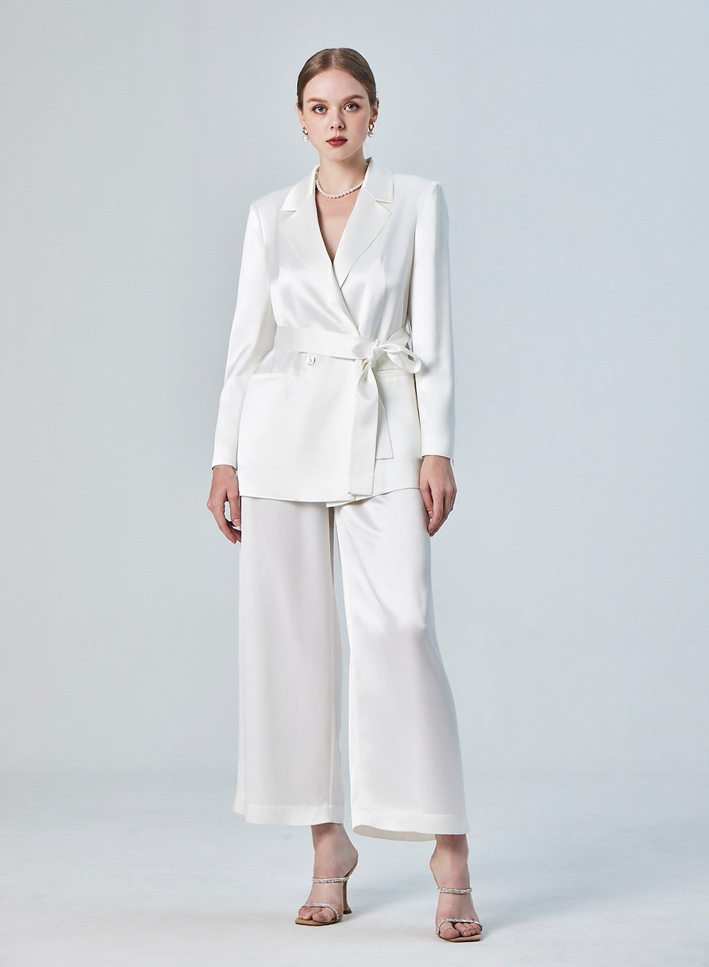 Belted Doube-Breasted Satin Blazer &amp; Pants Set - Pearl White, M image