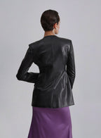Plunge Neckline Faux Leather Blazer image 1