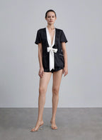 Contrast Color Front Knotted Silk Pajama Set - Midnight Black, S image