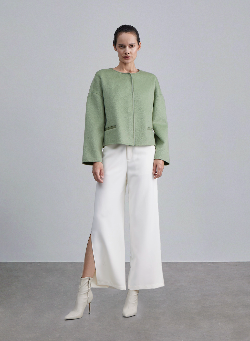 Drop Shoulder Leather Trim Cropped Coat - Grass Green, S image