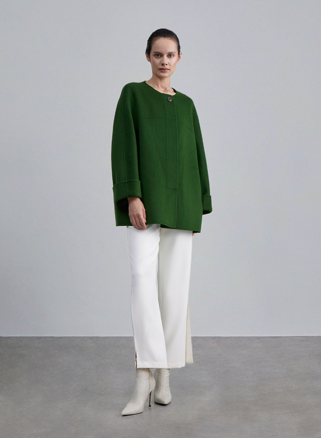 Classy Rolled Cuff Wool Coat - ForestGreen, L image