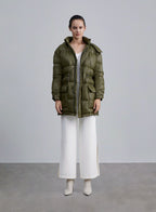 Hooded Waist Drawstring Puffer Jacket - Green Metal, S image