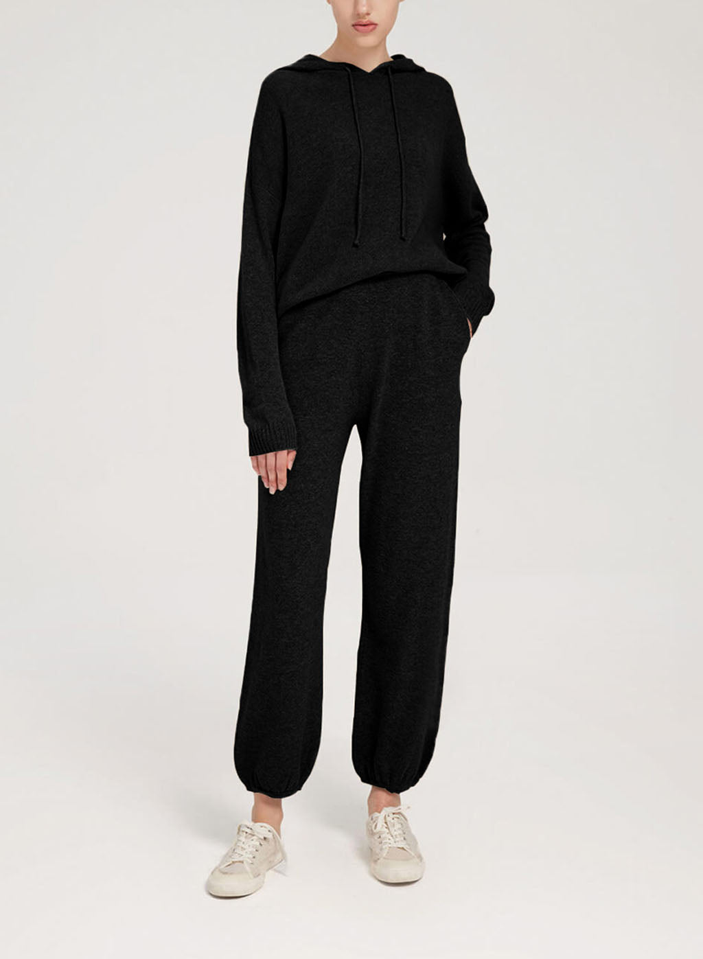 Fine-Knit Pure Merino Wool Hoodie Set - Black, XL image