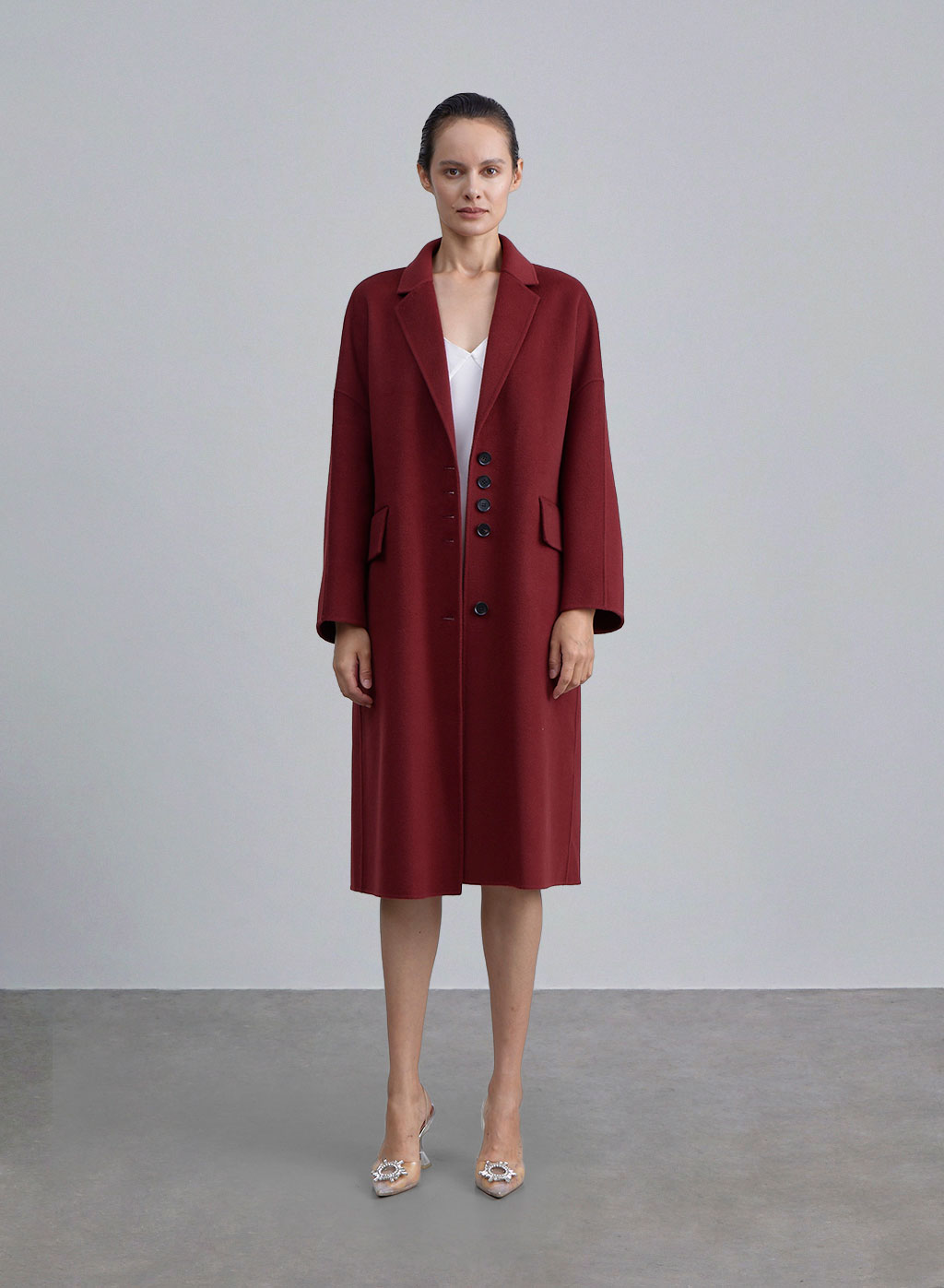 Notch Lapel Shift Wool Coat - Maroon, M image