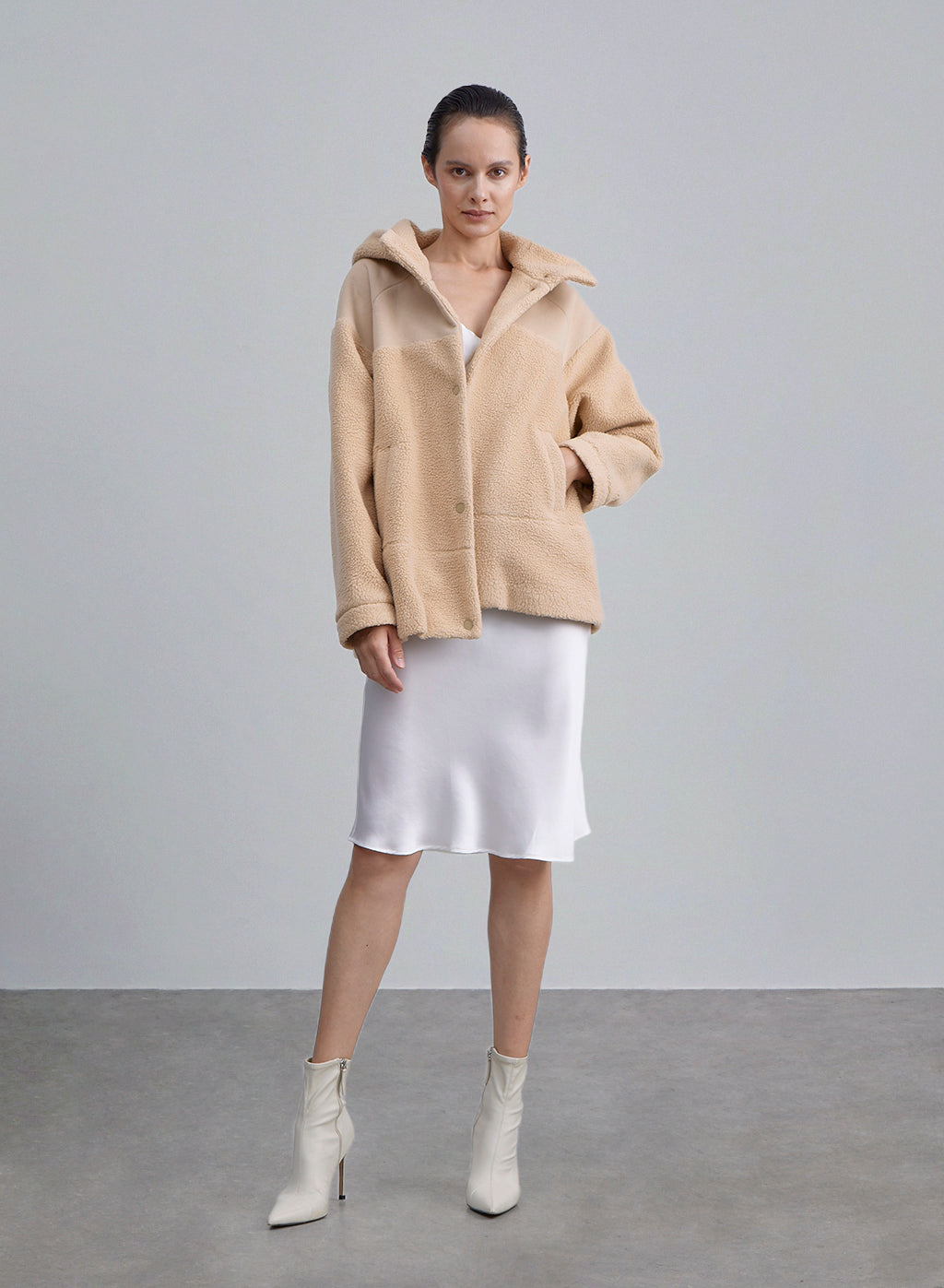 Press Button Hooded Patchwork Jacket - Peanut, S image