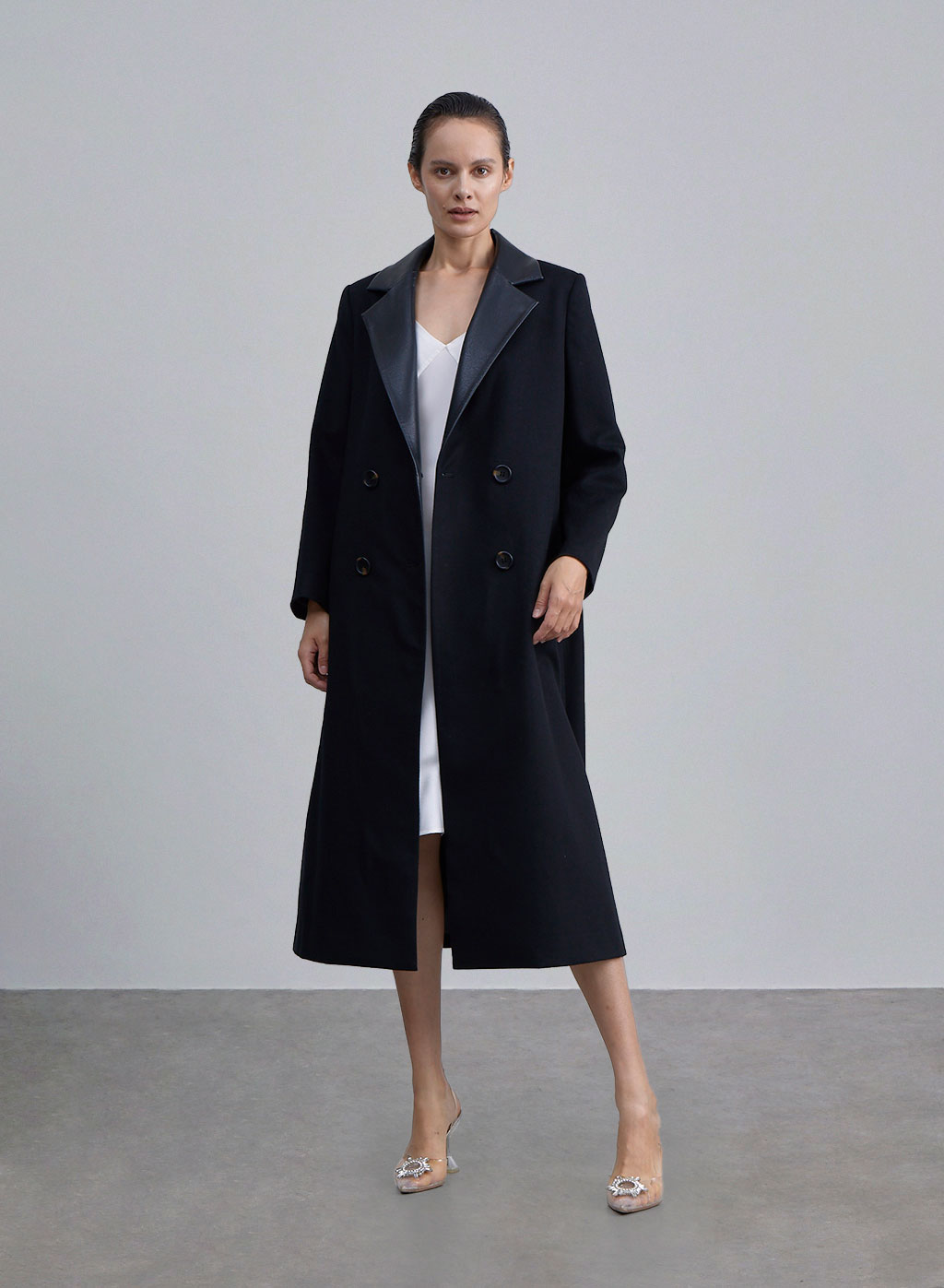 Crisp Double Breasted Faux Leather Coat - Black, S image