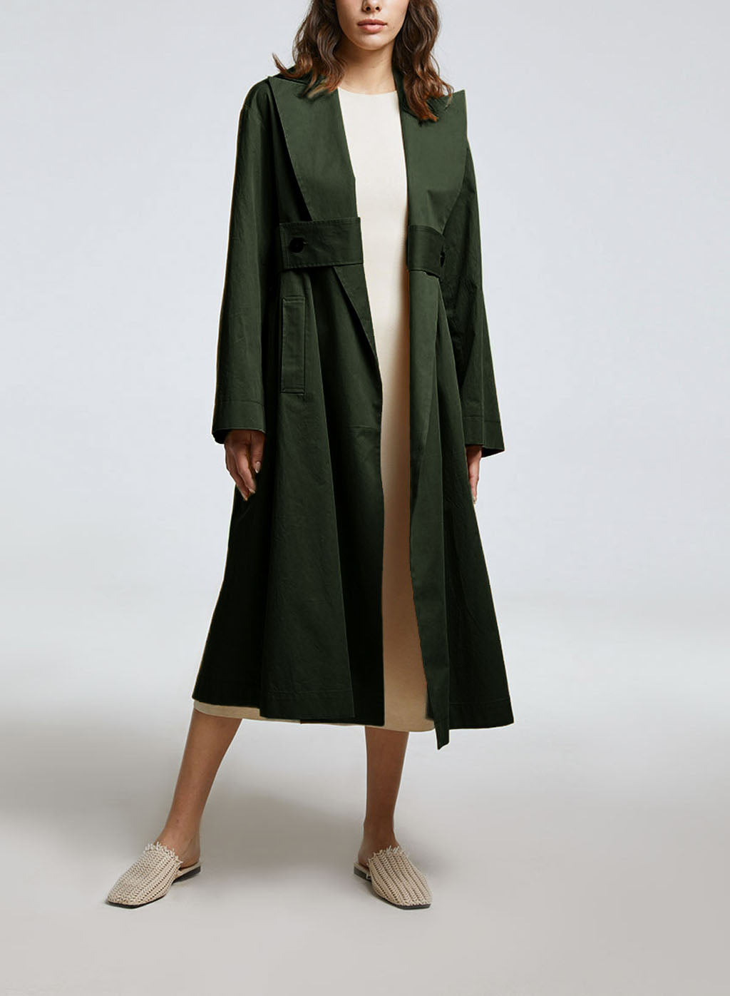 Midi Pure Cotton Coat with Ulster lapel - Olive, L image