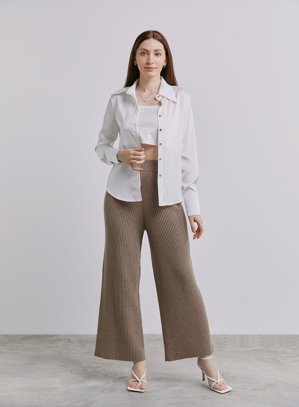 Cashmere Rib-Knit Leisure Bottoms - Bark, S image