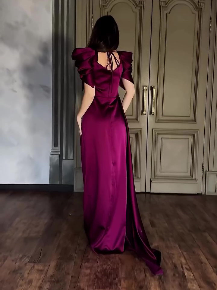 Elegant Puff Sleeve Pleated Slit Maxi Dress image 3